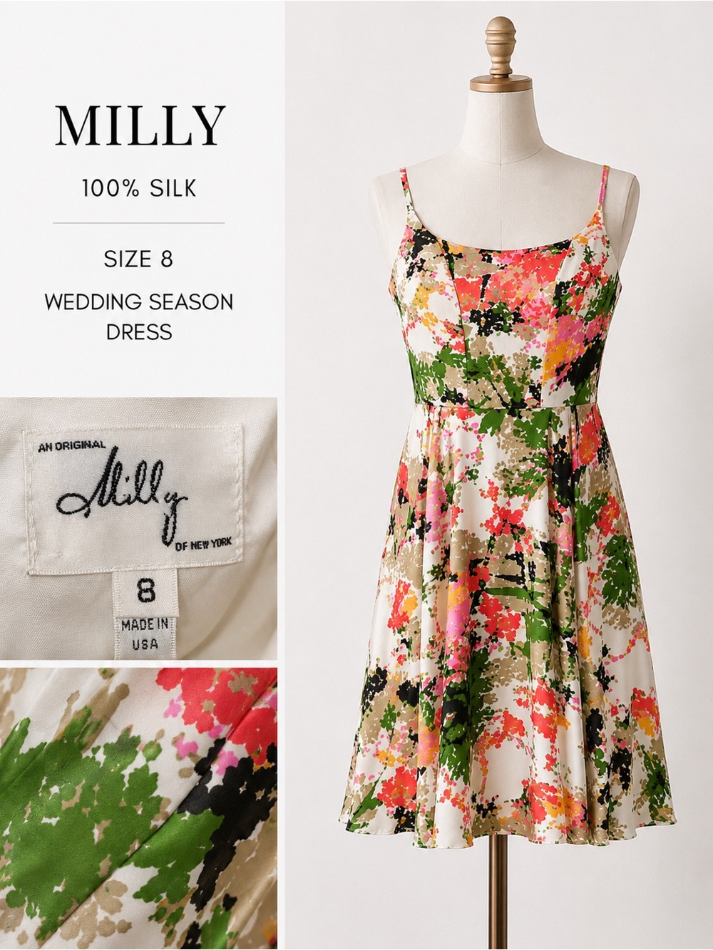 🌸✨ MILLY 100% Silk Floral Dress | Size 8 | Wedding Guest Perfection ✨🌸